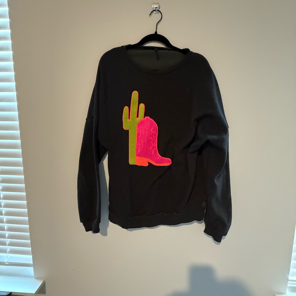 Black Sweatshirt with Neon Pink Boot and Green Cactus Design